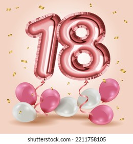 Elegant Greeting celebration eighteen years birthday. Anniversary number 18 foil rose gold balloons. Happy birthday, congratulations poster. Rose Gold number with sparkling golden confetti. Vector