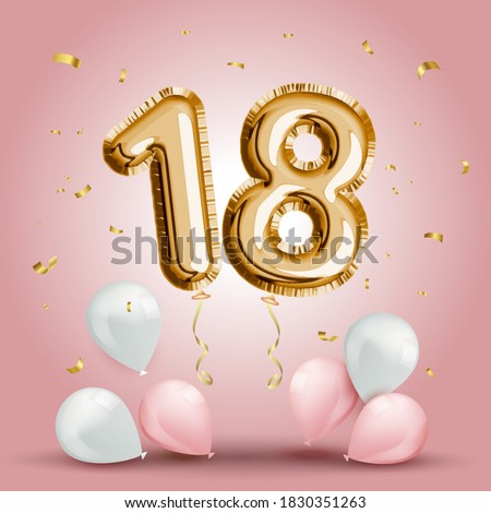 Elegant Greeting celebration eighteen years birthday. Anniversary number 18 foil gold balloon. Happy birthday, congratulations poster. Golden numbers with sparkling golden confetti. Vector background