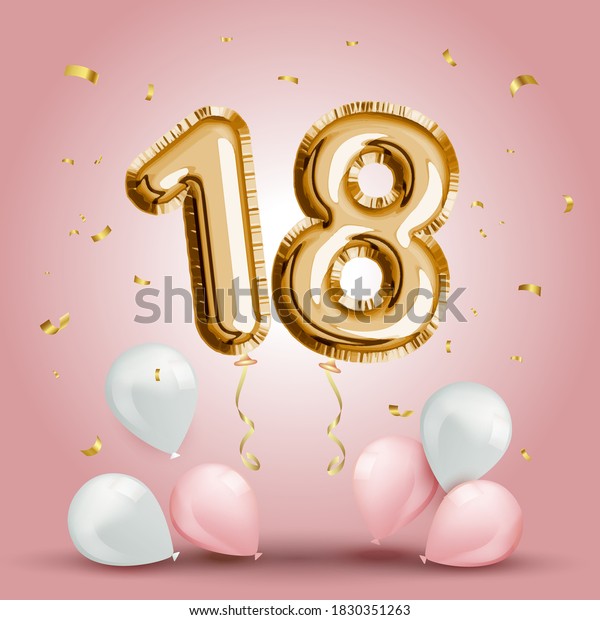 Elegant Greeting celebration eighteen years\
birthday. Anniversary number 18 foil gold balloon. Happy birthday,\
congratulations poster. Golden numbers with sparkling golden\
confetti. Vector\
background