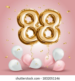 Elegant Greeting celebration eighty eight years birthday. Anniversary number 88 foil gold balloon. Happy birthday, congratulations poster. Golden numbers with sparkling golden confetti. Vector 