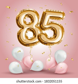 Elegant Greeting celebration eighty five years birthday. Anniversary number 85 foil gold balloon. Happy birthday, congratulations poster. Golden numbers with sparkling golden confetti. Vector 