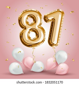Elegant Greeting celebration eighty one years birthday. Anniversary number 81 foil gold balloon. Happy birthday, congratulations poster. Golden numbers with sparkling golden confetti. Vector 