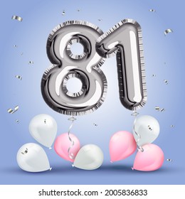 Elegant Greeting celebration eighty one years birthday. Anniversary number 81 foil silver balloon. Happy birthday, congratulations poster. Sliver numbers with sparkling silver confetti. Vector 