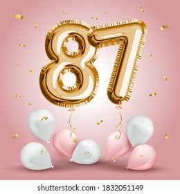 Elegant Greeting celebration eighty seven years birthday. Anniversary number 87 foil gold balloon. Happy birthday, congratulations poster. Golden numbers with sparkling golden confetti. Vector 