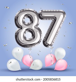 Elegant Greeting celebration eighty seven years birthday. Anniversary number 87 foil silver balloon. Happy birthday, congratulations poster. Sliver numbers with sparkling silver confetti. Vector 