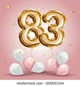 Elegant Greeting celebration eighty three years birthday. Anniversary number 83 foil gold balloon. Happy birthday, congratulations poster. Golden numbers with sparkling golden confetti. Vector  svg