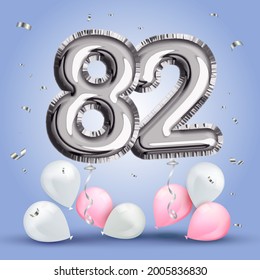 Elegant Greeting celebration eighty two years birthday. Anniversary number 82 foil silver balloon. Happy birthday, congratulations poster. Sliver numbers with sparkling silver confetti. Vector 