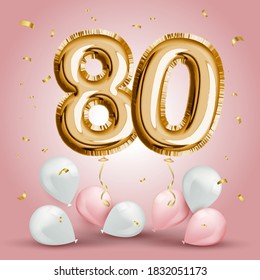 Elegant Greeting celebration eighty years birthday. Anniversary number 80 foil gold balloon. Happy birthday, congratulations poster. Golden numbers with sparkling golden confetti. Vector 
