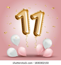 Elegant Greeting celebration eleven years birthday. Anniversary number 11 foil gold balloon. Happy birthday, congratulations poster. Golden numbers with sparkling golden confetti. Vector background