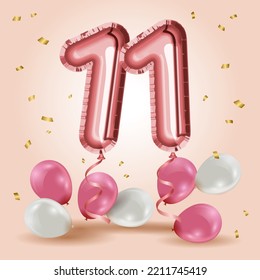 Elegant Greeting celebration eleven years birthday. Anniversary number 11 foil rose gold balloons. Happy birthday, congratulations poster. Rose Gold number with sparkling golden confetti. Vector