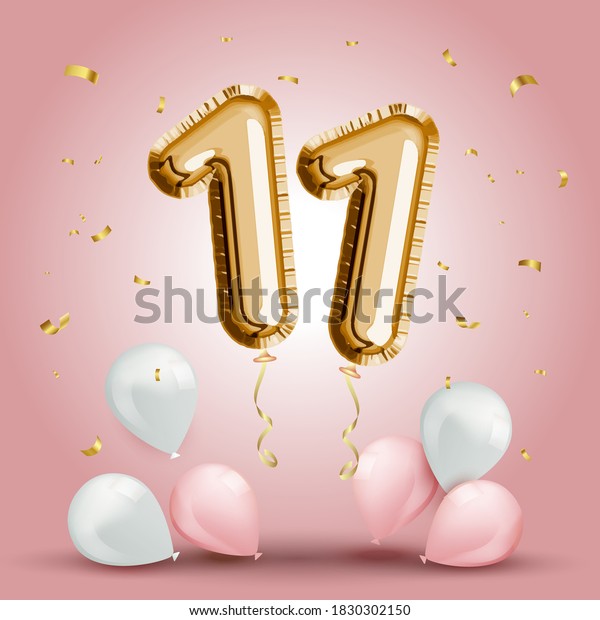 Elegant Greeting celebration eleven years\
birthday. Anniversary number 11 foil gold balloon. Happy birthday,\
congratulations poster. Golden numbers with sparkling golden\
confetti. Vector\
background