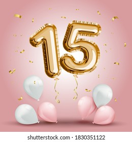 Elegant Greeting celebration fifteen years birthday. Anniversary number 15 foil gold balloon. Happy birthday, congratulations poster. Golden numbers with sparkling golden confetti. Vector background