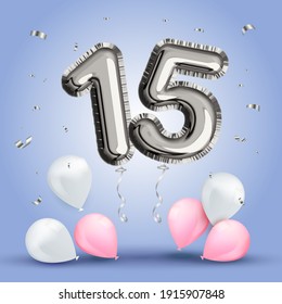 Elegant Greeting celebration fifteen years birthday. Anniversary number 15 foil silver balloon. Happy birthday, congratulations poster. Silver numbers with sparkling silver confetti. Vector background