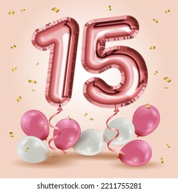 Elegant Greeting celebration fifteen years birthday. Anniversary number 15 foil rose gold balloons. Happy birthday, congratulations poster. Rose Gold number with sparkling golden confetti. Vector