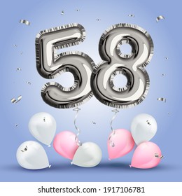 Elegant Greeting celebration fifty eight years birthday. Anniversary number 58 foil silver balloon. Happy birthday, congratulations poster. Silver numbers with sparkling silver confetti. Vector 