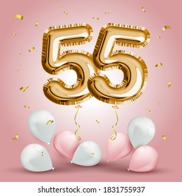 Elegant Greeting Celebration Fifty Five Years Birthday. Anniversary Number 55 Foil Gold Balloon. Happy Birthday, Congratulations Poster. Golden Numbers With Sparkling Golden Confetti. Vector 