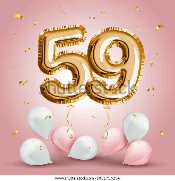 Elegant Greeting celebration fifty nine years birthday.\
Anniversary number 59 foil gold balloon. Happy birthday,\
congratulations poster. Golden numbers with sparkling golden\
confetti. Vector 