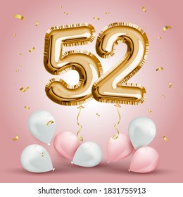 Elegant Greeting celebration fifty two years birthday. Anniversary number 52 foil gold balloon. Happy birthday, congratulations poster. Golden numbers with sparkling golden confetti. Vector background