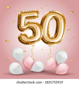 Elegant Greeting celebration fifty years birthday. Anniversary number 50 foil gold balloon. Happy birthday, congratulations poster. Golden numbers with sparkling golden confetti. Vector background