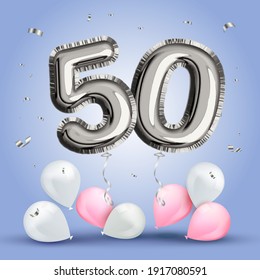 Elegant Greeting celebration fifty years birthday. Anniversary number 50 foil silver balloon. Happy birthday, congratulations poster. Silver numbers with sparkling silver confetti. Vector 