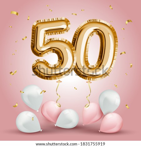 Elegant Greeting celebration fifty years birthday. Anniversary number 50 foil gold balloon. Happy birthday, congratulations poster. Golden numbers with sparkling golden confetti. Vector background