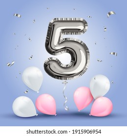 Elegant Greeting celebration five years birthday. Anniversary number 5 foil silver balloon. Happy birthday, congratulations poster. Silver numbers with sparkling silver confetti. Vector background