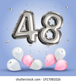 Elegant Greeting celebration forty eight years birthday. Anniversary number 48 foil silver balloon. Happy birthday, congratulations poster. Silver numbers with sparkling silver confetti. Vector
