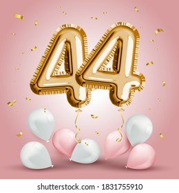 Elegant Greeting celebration forty four years birthday. Anniversary number 44 foil gold balloon. Happy birthday, congratulations poster. Golden numbers with sparkling golden confetti. Vector 