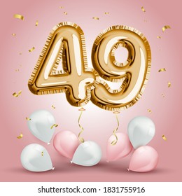 Elegant Greeting celebration forty nine years birthday. Anniversary number 49 foil gold balloon. Happy birthday, congratulations poster. Golden numbers with sparkling golden confetti. Vector 