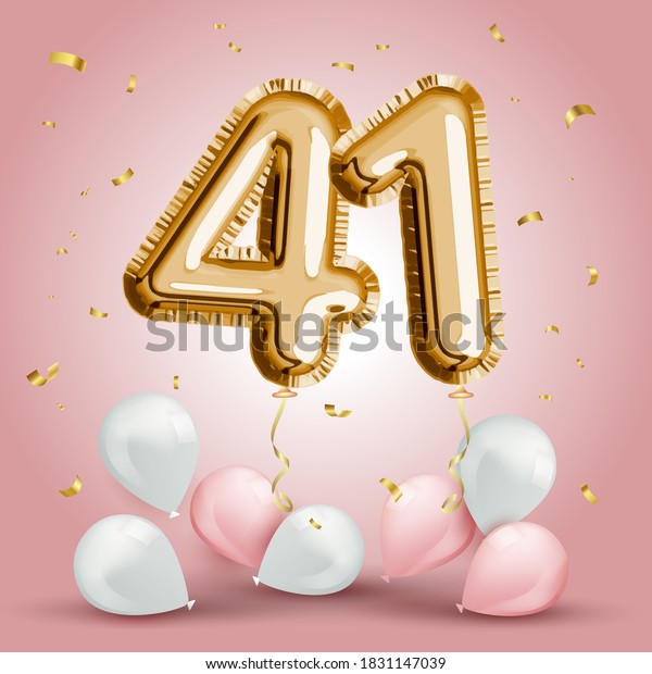 Elegant Greeting celebration forty one years\
birthday. Anniversary number 41 foil gold balloon. Happy birthday,\
congratulations poster. Golden numbers with sparkling golden\
confetti. Vector\
background