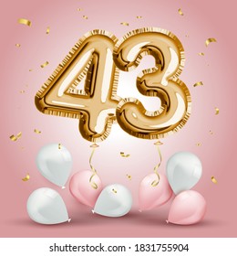 Elegant Greeting celebration forty three years birthday. Anniversary number 43 foil gold balloon. Happy birthday, congratulations poster. Golden numbers with sparkling golden confetti. Vector 