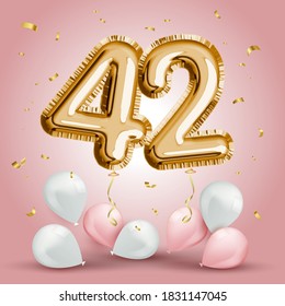 Elegant Greeting celebration forty two years birthday. Anniversary number 42 foil gold balloon. Happy birthday, congratulations poster. Golden numbers with sparkling golden confetti. Vector background
