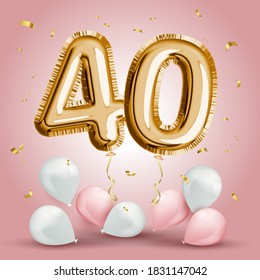 Elegant Greeting celebration forty years birthday. Anniversary number 40 foil gold balloon. Happy birthday, congratulations poster. Golden numbers with sparkling golden confetti. Vector background