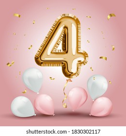 Elegant Greeting celebration four years birthday. Anniversary number 4 foil gold balloon. Happy birthday, congratulations poster. Golden numbers with sparkling golden confetti. Vector background svg