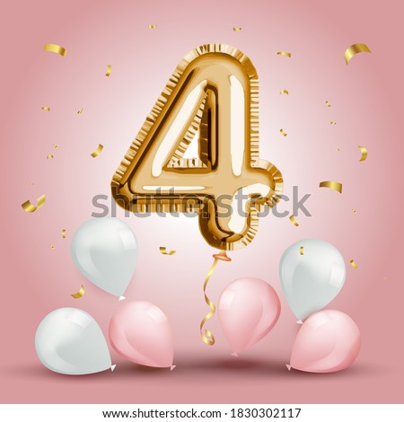 Elegant Greeting celebration four years birthday. Anniversary number 4 foil gold balloon. Happy birthday, congratulations poster. Golden numbers with sparkling golden confetti. Vector background