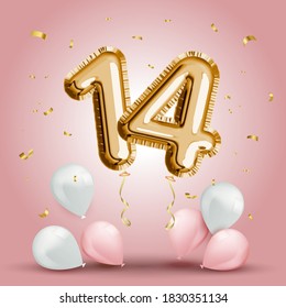 Elegant Greeting celebration fourteen years birthday. Anniversary number 14 foil gold balloon. Happy birthday, congratulations poster. Golden numbers with sparkling golden confetti. Vector background