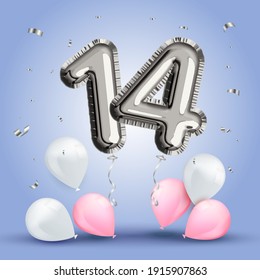 Elegant Greeting celebration fourteen years birthday. Anniversary number 14 foil silver balloon. Happy birthday congratulations poster. Silver numbers with sparkling silver confetti. Vector background