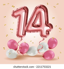 Elegant Greeting celebration fourteen years birthday. Anniversary number 14 foil rose gold balloons. Happy birthday, congratulations poster. Rose Gold number with sparkling golden confetti. Vector