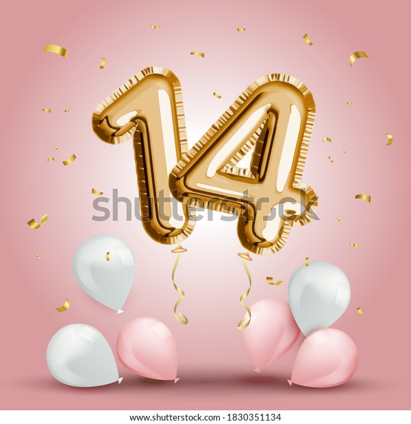 Elegant Greeting celebration fourteen years\
birthday. Anniversary number 14 foil gold balloon. Happy birthday,\
congratulations poster. Golden numbers with sparkling golden\
confetti. Vector\
background