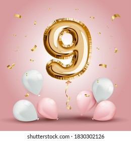 Elegant Greeting celebration nine years birthday. Anniversary number 9 foil gold balloon. Happy birthday, congratulations poster. Golden numbers with sparkling golden confetti. Vector background