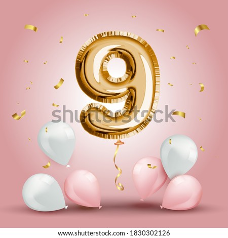Elegant Greeting celebration nine years birthday. Anniversary number 9 foil gold balloon. Happy birthday, congratulations poster. Golden numbers with sparkling golden confetti. Vector background