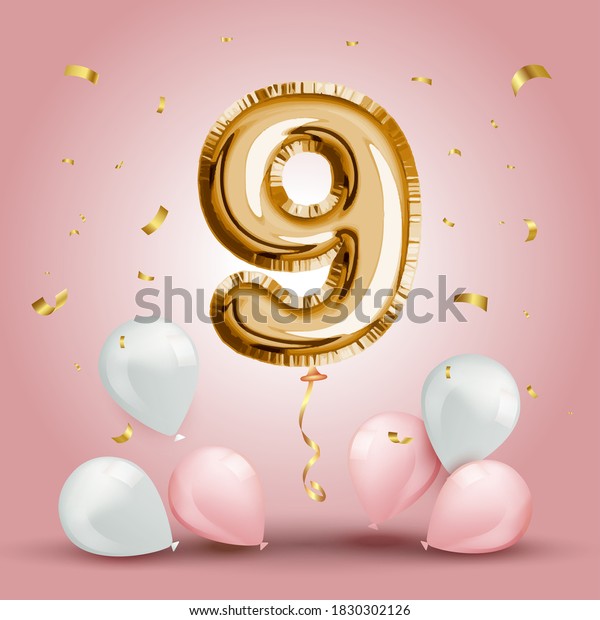 Elegant Greeting celebration nine years\
birthday. Anniversary number 9 foil gold balloon. Happy birthday,\
congratulations poster. Golden numbers with sparkling golden\
confetti. Vector\
background