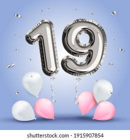 Elegant Greeting celebration nineteen years birthday. Anniversary number 19 foil silver balloon. Happy birthday congratulations poster. Silver numbers with sparkling silver confetti. Vector background