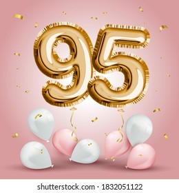 Elegant Greeting celebration ninety five years birthday. Anniversary number 95 foil gold balloon. Happy birthday, congratulations poster. Golden numbers with sparkling golden confetti. Vector  svg
