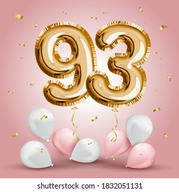 Elegant Greeting celebration ninety three years birthday. Anniversary number 93 foil gold balloon. Happy birthday, congratulations poster. Golden numbers with sparkling golden confetti. Vector 