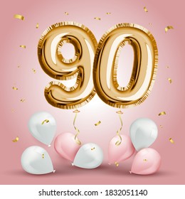 Elegant Greeting celebration ninety years birthday. Anniversary number 90 foil gold balloon. Happy birthday, congratulations poster. Golden numbers with sparkling golden confetti. Vector 