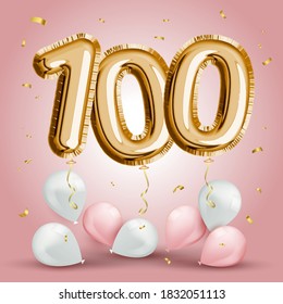 Elegant Greeting celebration one hundred years birthday. Anniversary number 100 foil gold balloon. Happy birthday, congratulations poster. Golden numbers with sparkling golden confetti. Vector 