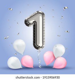 Elegant Greeting celebration one year birthday. Anniversary number 1 foil silver balloon. Happy birthday, congratulations poster. Silver numbers with sparkling silver confetti. Vector background