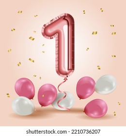 Elegant Greeting celebration one years birthday. Anniversary number 1 foil rose gold balloon. Happy birthday, congratulations poster. Rose Gold number with sparkling golden confetti. Vector background