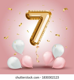 Elegant Greeting celebration sevens years birthday. Anniversary number 7 foil gold balloon. Happy birthday, congratulations poster. Golden numbers with sparkling golden confetti. Vector background